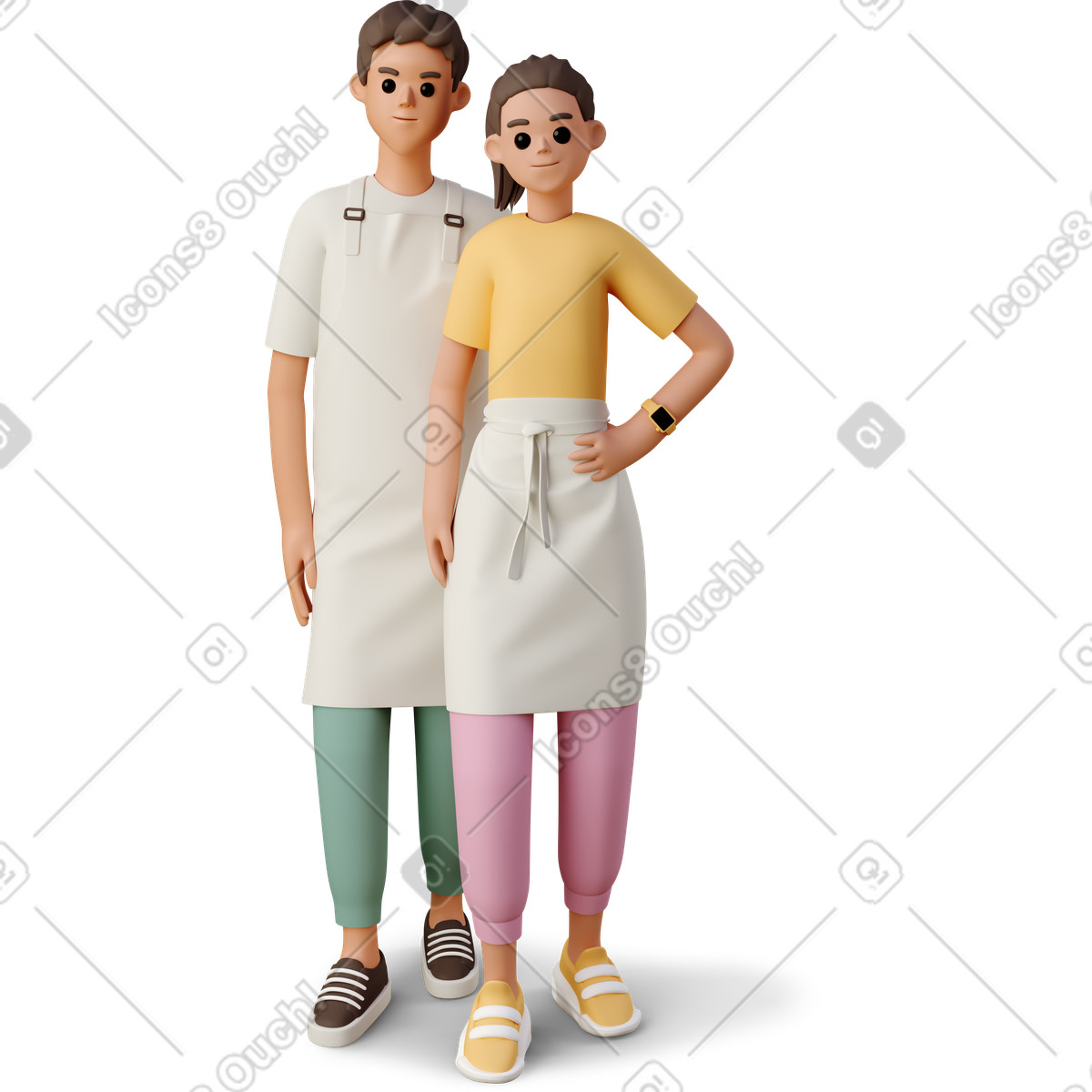 Ilustración Colegas con delantales, trabajo en equipo pequeñas empresas o startups estilo 3D Casual life a descargar PNG y SVG
