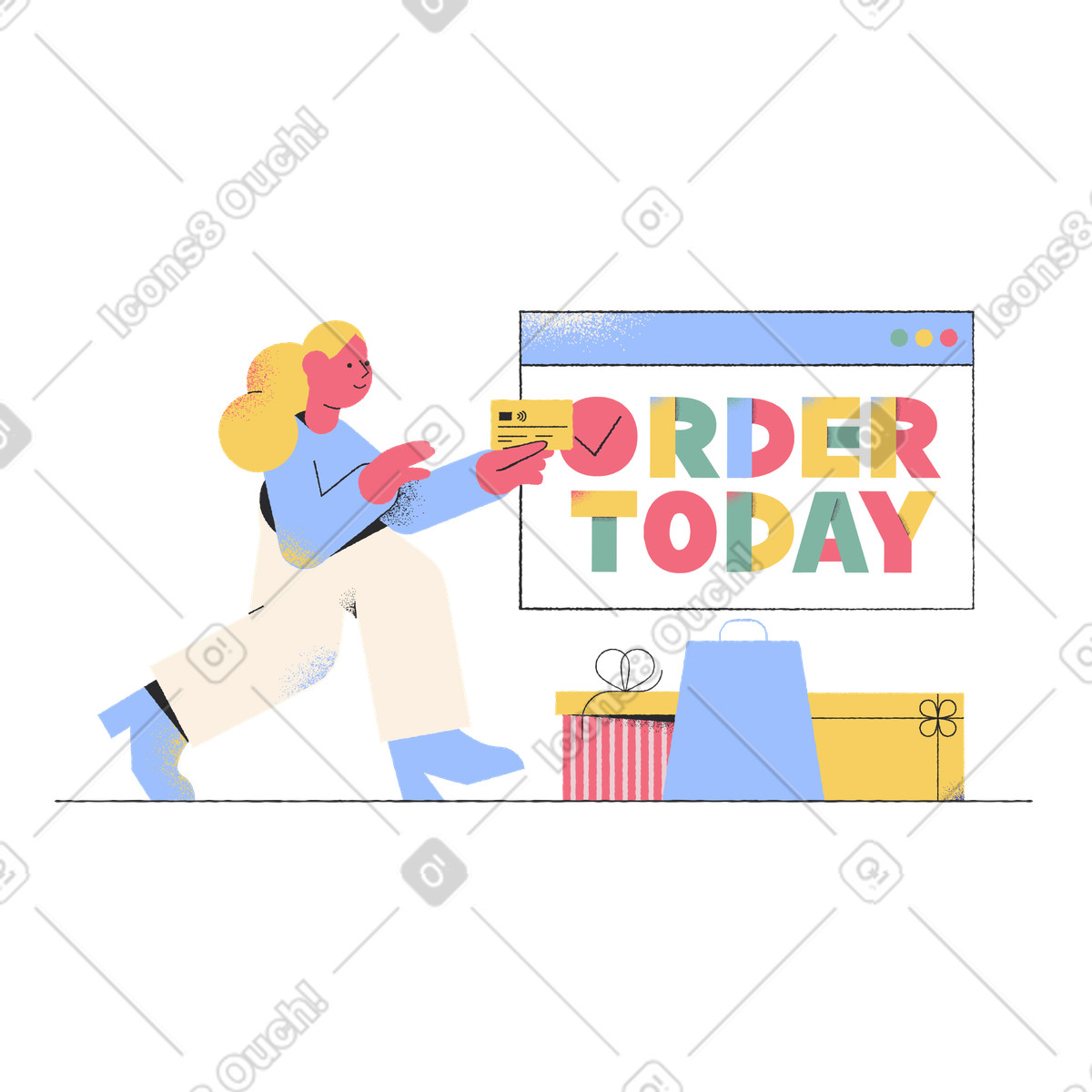 Lettering Order Today with girl paying for illustration in Pablo style download in PNG, SVG