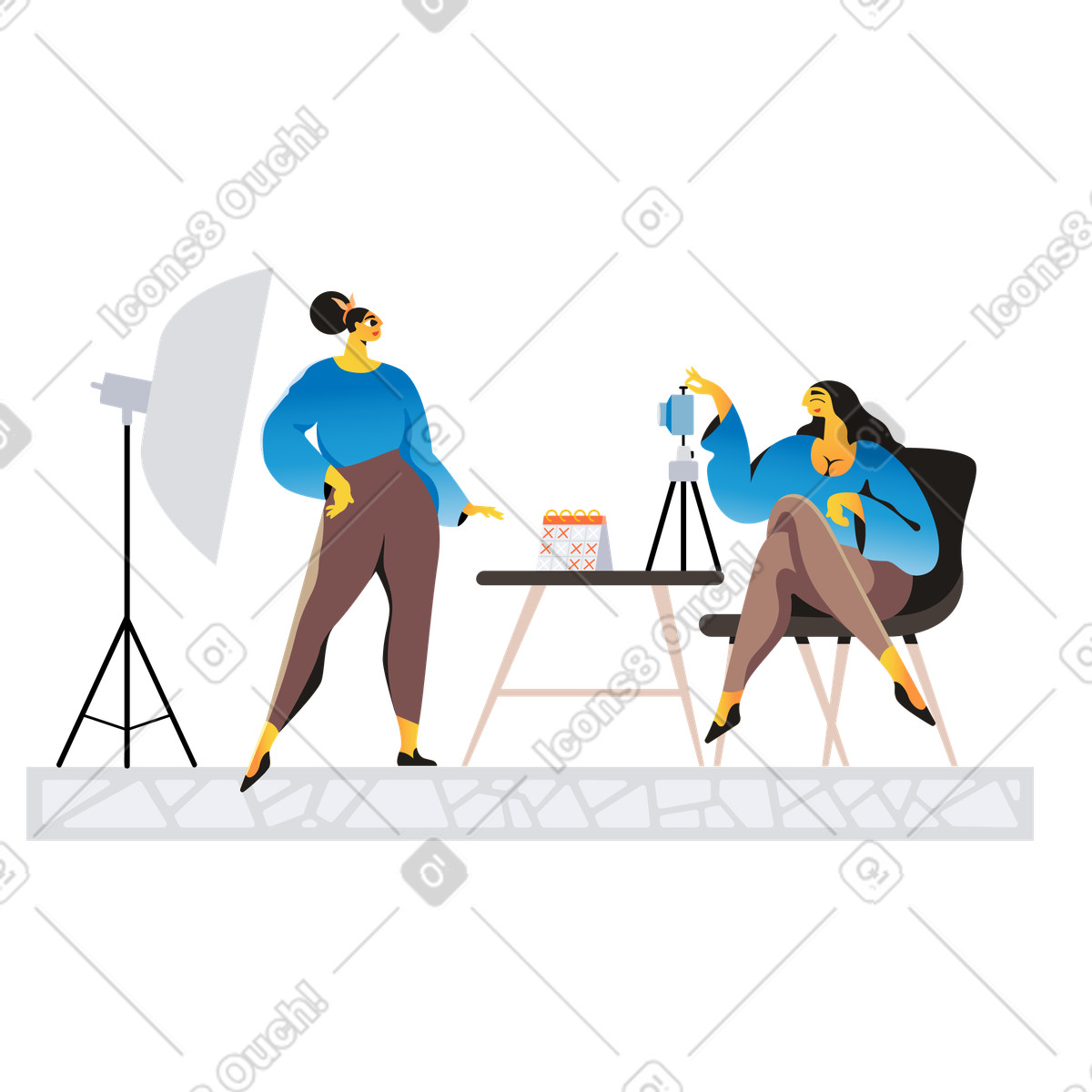 Photographer taking pictures of client, Professional portrait photography illustrazione in stile Jaconda scarica in PNG, SVG