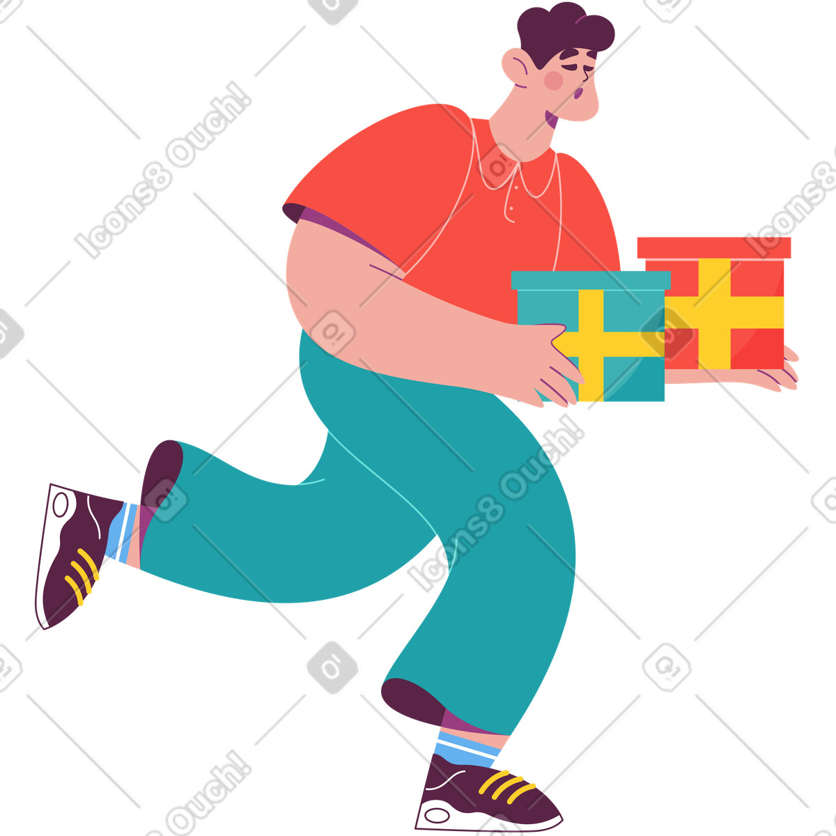 Ilustración Hombre corriendo con cajas de regalo en estilo Sammy a descargar en PNG y SVG
