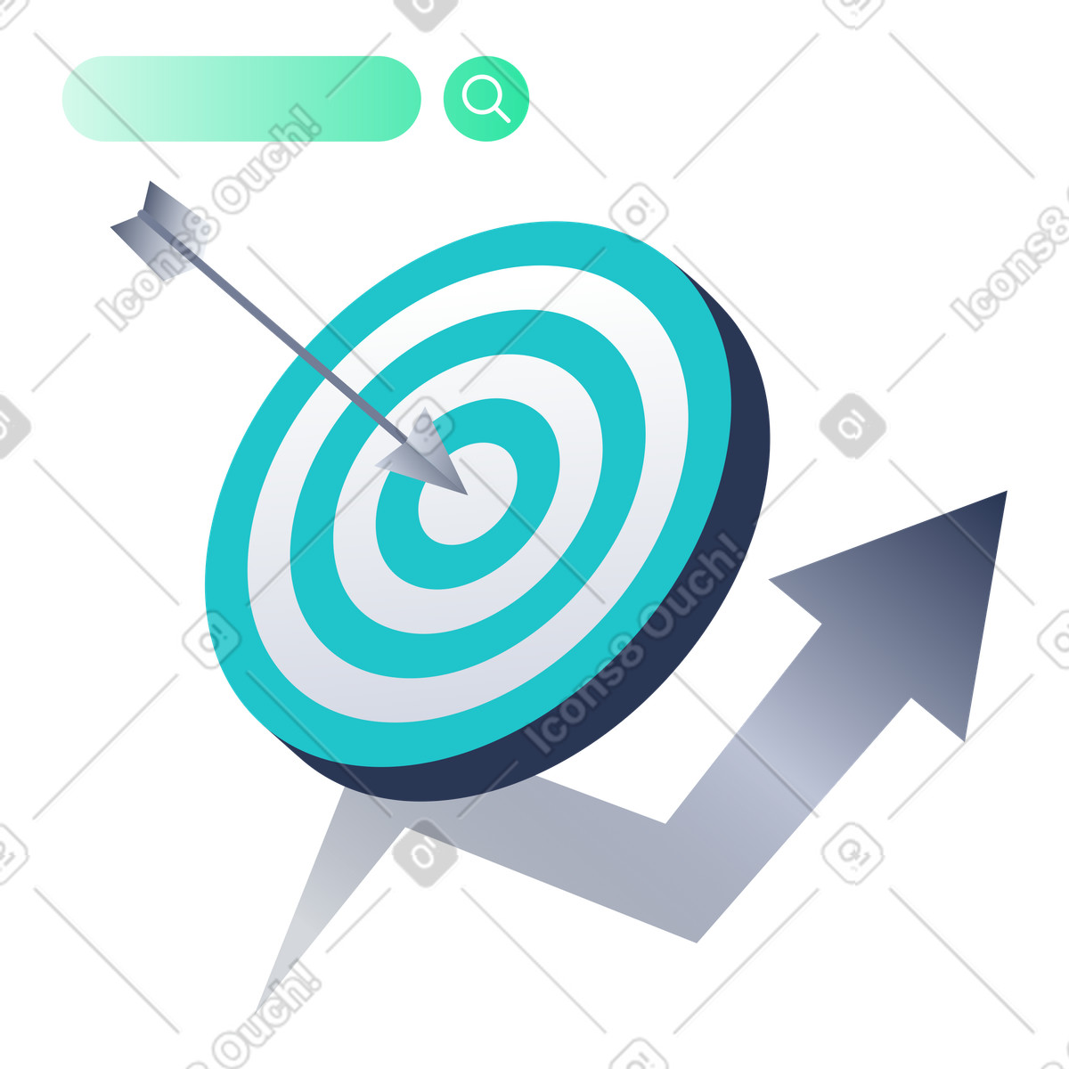 Search bar with arrow hitting bullseye, SEO goal conversion success, keyword optimization and ranking strategy illustration in Lucent style download in PNG, SVG