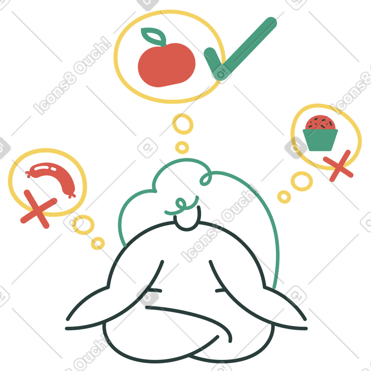 Donna che sceglie una dieta sana mentre medita illustrazione in stile Macaroni scarica in PNG, SVG