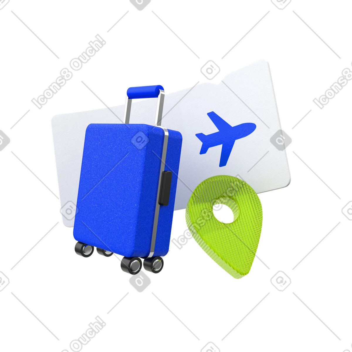 Suitcase with flight ticket and map pin, Travel planning arrangements, Tourism business trip illustration in 3D Enterprise style download in PNG, SVG