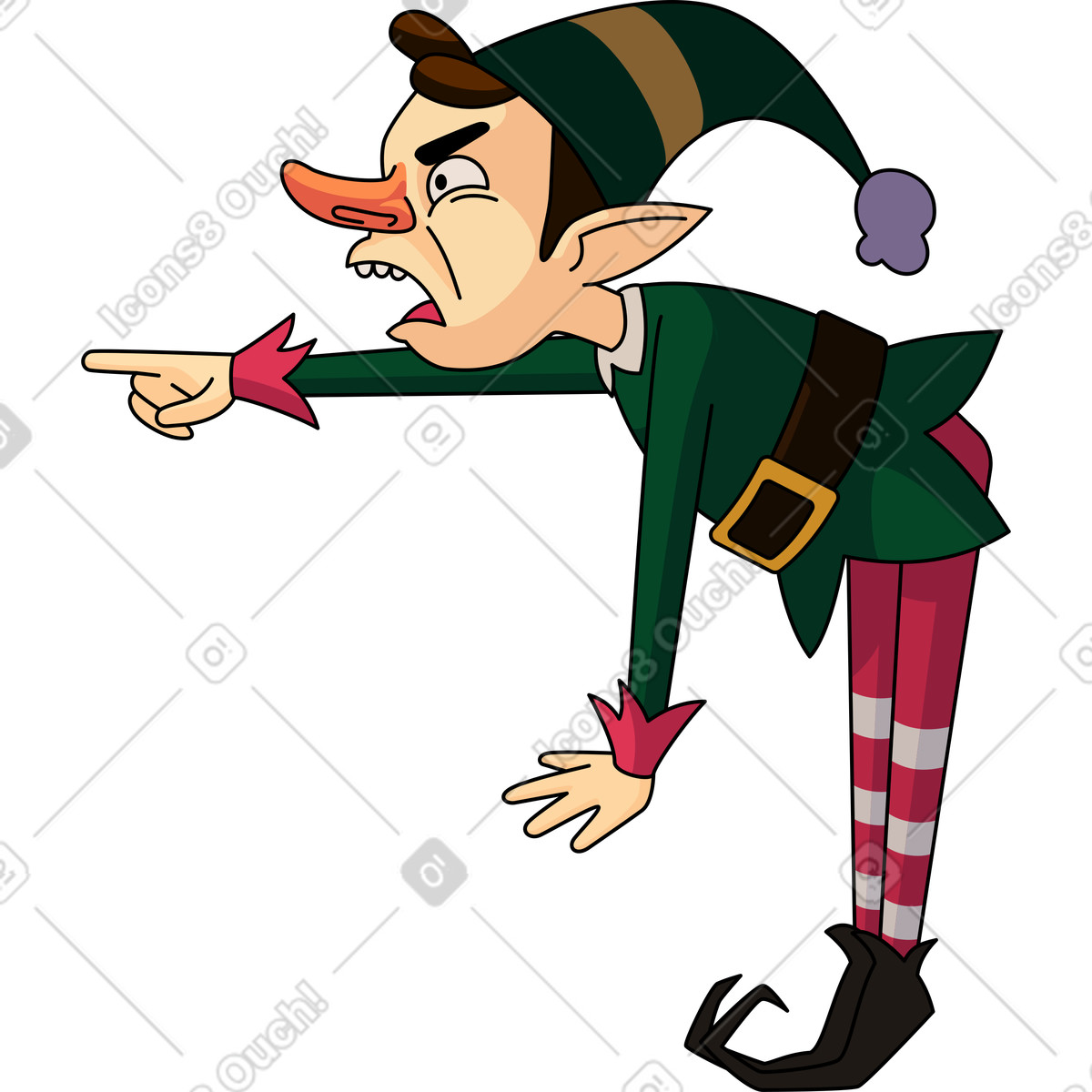 Illustration Elfe en colère pointant vers l'avant dans le style Santa Camp à télécharger aux formats PNG, SVG
