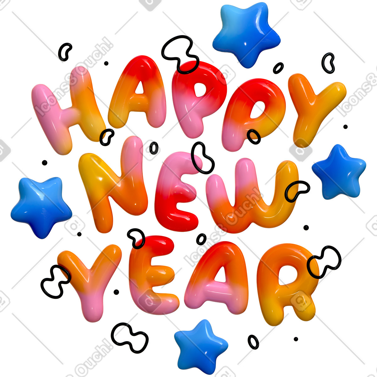 Lettering スタイルの 星と落書きで 3 d 新年あけましておめでとうございますをレタリングします。 のイラストをPNG、SVG形式でダウンロード