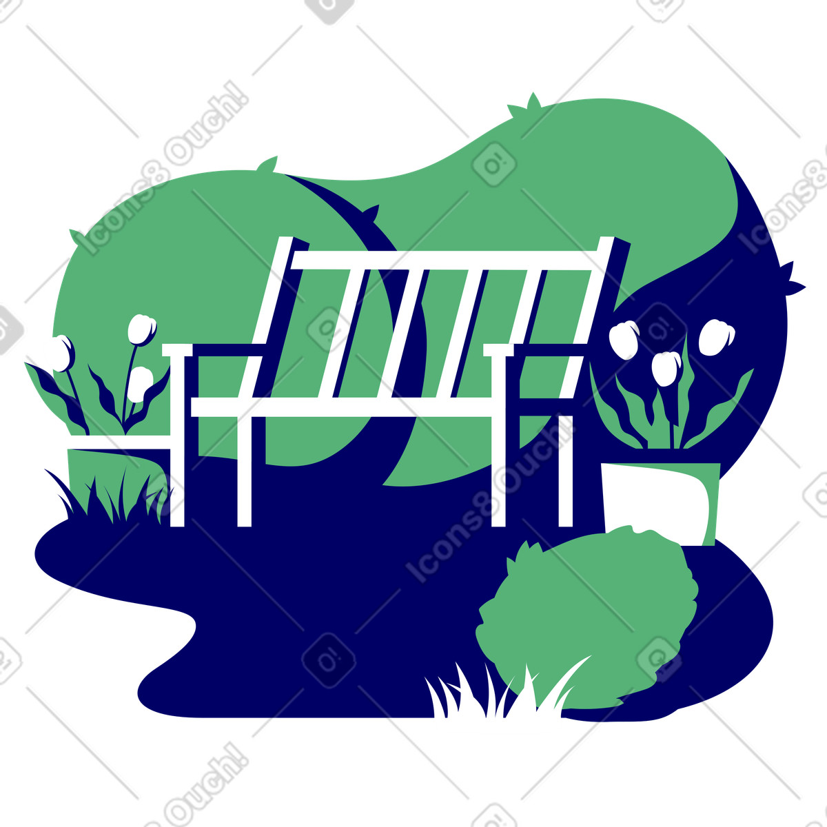 Garden bench and flower pots illustration in PNG, SVG