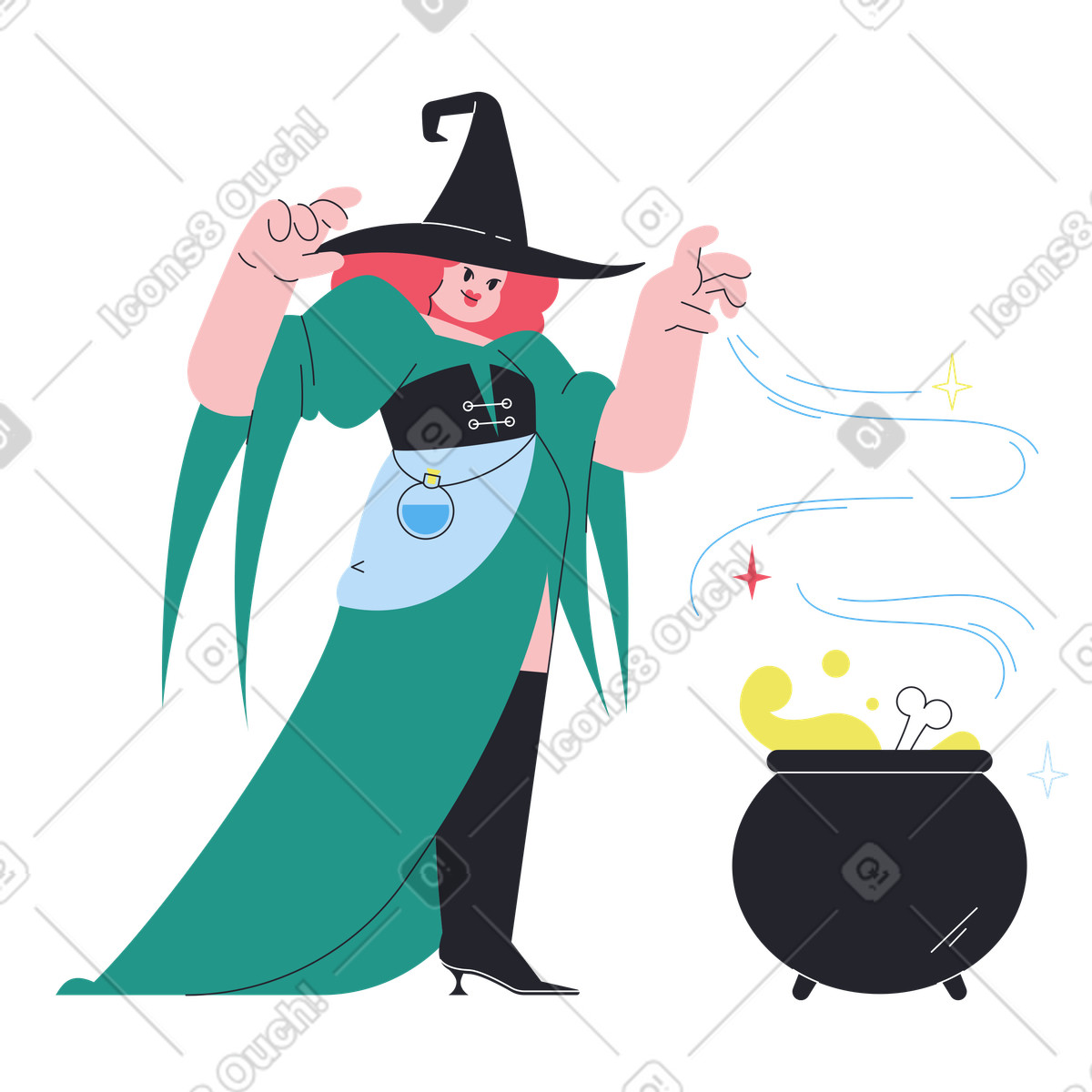 Illustration Sorcière faisant une potion dans le style Boba à télécharger aux formats PNG, SVG