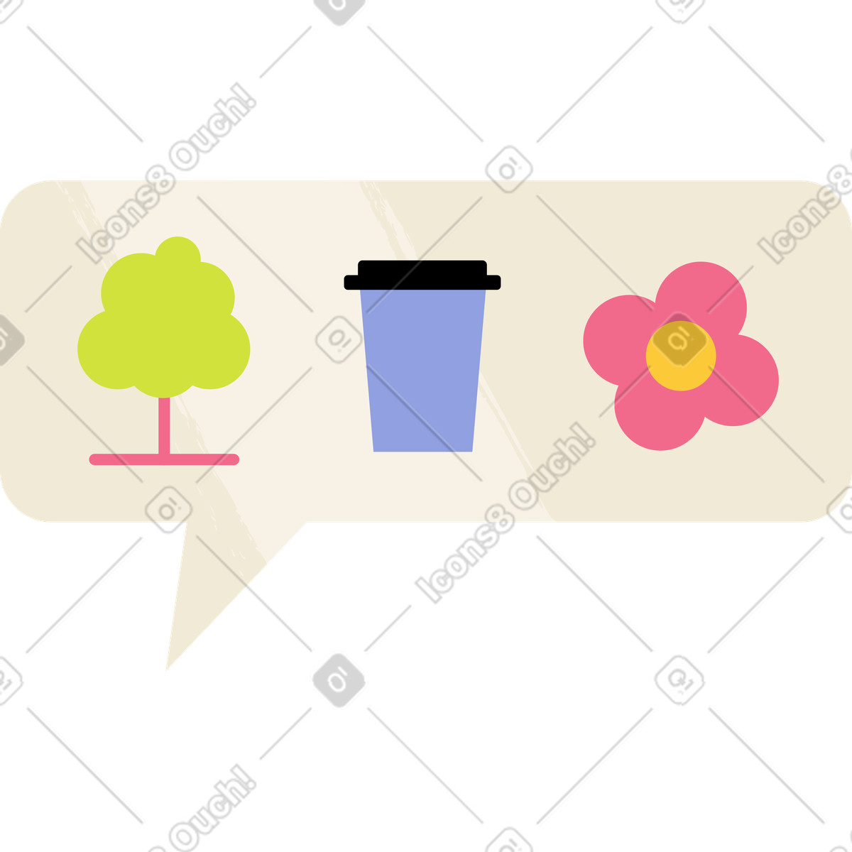 Ilustração de Bolha fala com flor árvore e vidro em no estilo Juicy para baixar em PNG, SVG
