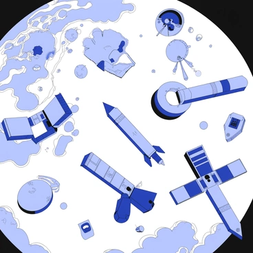 A collection of space debris is orbiting the Earth. The debris consists of various shapes and sizes, including defunct satellites, rocket stages, and small fragments. Each piece of debris is shown with intricate details, such as antennas, solar panels, and uneven surfaces. In the background, the Earth is visible, partially illuminated, with swirling cloud patterns and recognizable landmasses. The scene captures the vastness of space surrounding the debris, highlighting the challenges of space junk.
