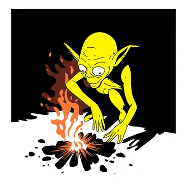 A yellow Gollum is crouched beside a small fire, with his face illuminated by the warm glow of the flames. The fire is crackling, sending small sparks into the air, while the dark surroundings create a stark contrast against the flickering light. Gollum's large, pale eyes reflect the firelight, adding an eerie intensity to his expression. His thin, bony hands are positioned close to the flames, as if warming himself. In the background, shadows are cast on the ground, enhancing the mysterious atmosphere of the scene.