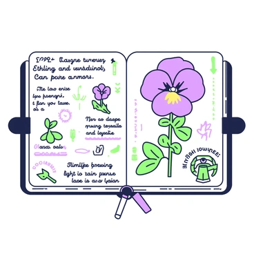 A field journal page is opened to reveal a detailed study of the pansy's growth stages. At the top of the page, there is a large sketch of a fully blossomed pansy in the center, with vibrant petals shown in intricate detail. Surrounding this main illustration are smaller sketches depicting various stages of growth, starting from a seedling at the bottom left to a mature flower at the top right. 

Each stage is labeled clearly with notes written in neat handwriting. The notes describe characteristics of the pansy at that stage, such as leaf shape and color variations. There are additional annotations about the ideal growing conditions, light requirements, and watering frequency. In the margins, there are small doodles of gardening tools, such as a trowel and watering can, adding context to the research. The overall layout is organized and informative, showcasing the journey of the pansy's development.
