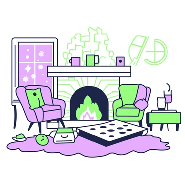 An indoor setting features a cozy cornhole game arrangement beside a fireplace. The fireplace is made of stone, with a warm glow emanating from the flames, casting soft shadows around the room. A cornhole board, decorated with simple designs, is positioned on a plush rug. Beside the board, a few colorful cornhole bags are scattered, some resting on the floor while others lean against the board. The room has wooden beams on the ceiling, and a couple of comfortable chairs are placed nearby, along with a small table holding mugs of steaming hot drinks. Through a window, hints of snowflakes can be seen falling outside.