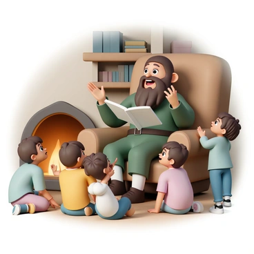 A dwarf, named Gimli, with a bushy brown beard and wearing a sturdy green tunic, is animatedly sharing a story. He is seated on a large, comfortable chair in a cozy setting, surrounded by children of various ages. The children, with bright eyes and eager expressions, are sitting on the floor and leaning forward in excitement. Soft, warm lighting from a nearby fireplace casts a glow, highlighting the details in the room, such as wooden beams and shelves filled with books. Gimli gestures enthusiastically with his hands, wearing a big smile, while the children listen intently, captivated by his storytelling.