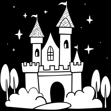 A towering castle with intricate turrets and spires, surrounded by tall trees. The castle's windows emit glowing magical lights, illuminating the night sky. A winding path leads to the grand entrance, flanked by ornate stone walls. Wisps of mist curl around the base of the castle, creating an air of mystery. Stars twinkle above, contributing to the enchanting atmosphere.