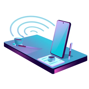 A sleek, modern smartphone with a glossy screen is placed on a minimalist wooden desk. The smartphone is vibrating, and wavy lines radiate outward from its edges, indicating the movement caused by the alarm. The desk has a few scattered objects, including a stylish pen, a notepad, and a cup of coffee, creating a functional workspace atmosphere. The background is softly blurred to emphasize the smartphone and its motion.