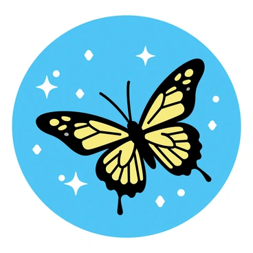 A butterfly with luminescent wings is flying gracefully in the air. The wings are vibrant, showcasing intricate patterns that glow gently. The background features a clear night sky filled with shining stars, creating a contrast with the glowing butterfly.