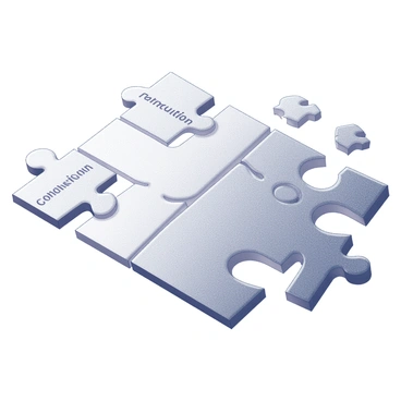 An arrangement of puzzle pieces on a flat surface. The puzzle pieces are varied in size and shape, with some pieces prominently displaying sections labeled as "introduction," "body," and "conclusion." Each piece fits snugly together, creating a cohesive outline. The edges of the pieces are distinct, with interlocking tabs connecting them seamlessly. A few scattered pieces are nearby, suggesting an ongoing assembly process. The overall layout resembles a structured diagram, symbolizing the organization of ideas in an essay.