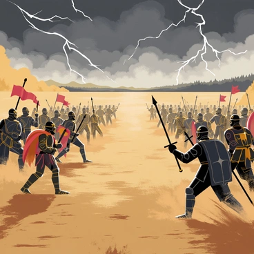 A vast battlefield filled with dense clouds of dust and swirling dirt. On one side, a group of armored warriors with intricate designs on their helmets brandishes gleaming swords, their banners waving in the wind. On the opposite side, a horde of fierce fighters with dark cloaks and shields, showcasing a menacing emblem, prepare to charge forward. The sky above is filled with dark storm clouds, with streaks of lightning illuminating the scene. In the distance, the silhouettes of hills and a forest create a sense of depth in the background. Flashes of weapons clashing and sparks flying can be seen as the two armies engage in combat.
