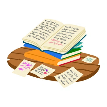 A collection of diaries stacked on a wooden table, each diary featuring a different colored cover. The diaries are partially opened, revealing pages filled with intricate handwritten entries in various styles and sizes. Some pages also showcase sketches of flowers, animals, and landscapes alongside the text. The table has a rustic texture, enhancing the overall warmth of the scene. A few loose pages are scattered around, displaying more sketches and notes.