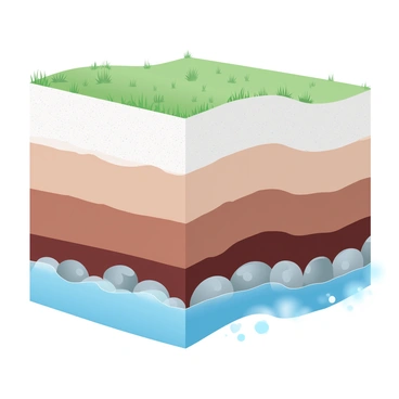 A cross-section of a riverbank displaying a detailed view of various layers of soil. The image shows distinct layers of "silt" and "clay," with the silt appearing light and granular while the clay has a smooth, dense texture. Each layer is clearly defined, showcasing the transition from the topsoil to deeper sediment layers. Grass and small plants are visible at the surface level, providing a natural context for the soil layers below. A small stream runs along the bottom of the cross-section, with water glistening as it flows over rocks.