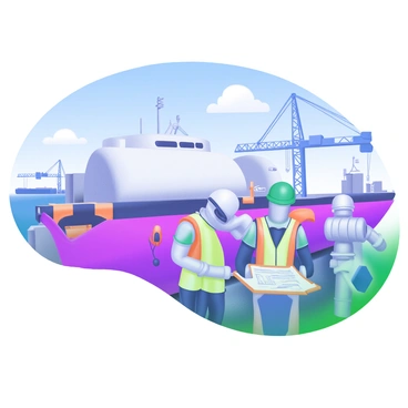 A modern pastel illustration depicting a team of inspectors examining a large fuel barge in a shipyard. The inspectors are wearing safety helmets and reflective vests, holding clipboards and discussing findings. The barge is detailed with various valves and hoses, and the shipyard features cranes, shipping containers, and other vessels in the background. The scene includes clear blue skies and a gentle breeze, with a few clouds scattered above.