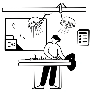 A nurse in scrubs is standing at a stainless steel surgical table, meticulously arranging various surgical tools. The tools include scalpels, forceps, and scissors, each placed with precision in a sterile tray. The room is equipped with overhead surgical lights casting focused beams onto the table, and a large window reveals additional medical equipment in the background. On the wall, there are charts and diagrams related to neurosurgery displayed. The atmosphere is clearly clinical and organized for the procedure.