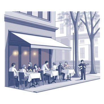 A bustling city bistro filled with guests seated at various tables, enjoying their meals. The tables are adorned with small white tablecloths and flickering candles. Some guests are engaged in conversation, while others are savoring their food. Nearby, street musicians are playing lively tunes, one on a guitar and another on a violin, creating an inviting atmosphere. The bistro's exterior features large windows, allowing a view of the vibrant street life outside. Tall trees line the sidewalk, casting shadows on the ground.