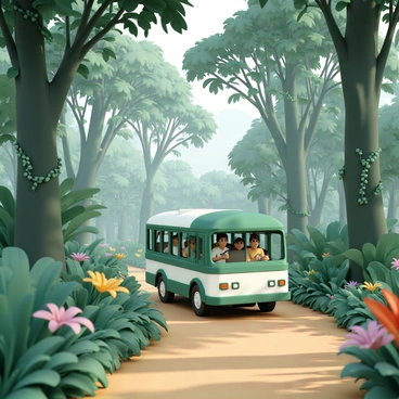 A shuttle bus, painted in bright green and white, is moving along a narrow dirt path through a lush rainforest. The bus has large windows that showcase the interior filled with passengers looking out in awe. Towering trees with thick trunks and vibrant green leaves create a dense canopy overhead, filtering soft light that dapples the ground. Vines hang from branches, and colorful tropical flowers add splashes of red, yellow, and purple along the path. In the background, the sounds of birds and rustling leaves can be suggested, enhancing the vivid scene of the rainforest.