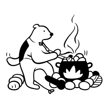 A groundhog wearing a small apron is stirring a pot of vegetable stew over a campfire. The campfire is surrounded by stones, and flames are flickering brightly. Various vegetables, such as carrots and potatoes, are visible in the pot, with steam rising above. Nearby, a wooden spoon rests on the ground next to the pot, and a few logs are stacked neatly. The groundhog has its paws poised over the pot, engaged in the cooking process.