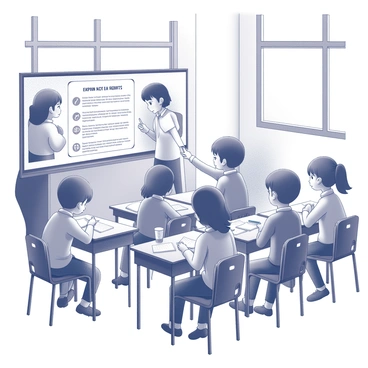 A classroom filled with children sitting at their desks, engaged in learning. The teacher stands at the front of the room, pointing towards a large poster on the wall that features tips for online safety. The poster includes bullet points and illustrations emphasizing key safety concepts. The children, diverse in appearance, look attentive and interested in the teacher's explanation. Various educational materials such as books and stationery are scattered across the desks. The classroom has large windows allowing natural light to enter, illuminating the scene.