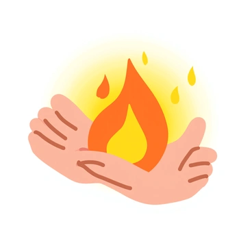 A pair of hands with light skin gently holding a bright, glowing flame at the center. The flame radiates warm orange and yellow hues, illuminating the hands and creating a soft halo effect around them. The fingers are slightly curled, cradling the flame carefully, with wisps of light extending outward. The background is a gradient of soft, warm colors, enhancing the ethereal quality of the scene.