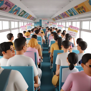 A crowded bus interior filled with diverse peaceful protesters. Men and women of various ages and ethnicities are standing and sitting, all expressing their views. Some hold colorful signs with slogans like "Save Our Planet" and "Unity in Diversity," while others display banners with messages advocating for social justice. The expressions on their faces reflect determination and hope. The bus has vibrant advertisements on the walls, and a few people are looking out of the windows, observing the cityscape outside. The atmosphere is one of unity and energy in support of their cause.