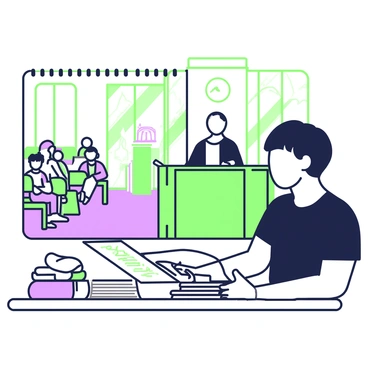 An artist is seated at a wooden table, focused on creating a detailed sketch of a courtroom scene in a large, open notebook. The artist has short hair and wears a black t-shirt while holding a pencil in one hand and looking intently at the scene before them. In the background, there are benches filled with spectators observing the proceedings. A judge in a robe sits elevated at the front, with a gavel resting on the desk. A defendant, visible on one side, is seated at a table with a lawyer beside them. The artist’s notebook displays a partially completed sketch of the courtroom, capturing the key elements of the scene, including a tall clock on the wall and light streaming in through large windows.