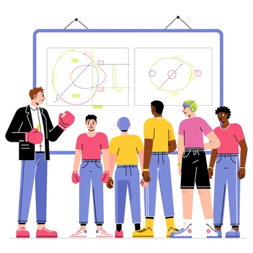 A coach demonstrating tactical moves on a whiteboard to a group of boxers