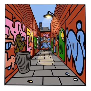 A narrow alleyway in an urban setting with tall brick walls covered in vibrant graffiti art. The graffiti features a variety of colorful tags, murals, and street art with bold designs. The ground is paved with uneven cobblestones, and there are scattered pieces of litter and debris. Dim light filters through above, casting shadows that add depth to the scene. A rusted metal trash can stands against one wall, and a flickering streetlight hangs overhead, illuminating parts of the graffiti.