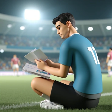 A rugby player, wearing a blue jersey with the team logo, is sitting on the sidelines with a focused expression. He has short black hair and is wearing black shorts and white cleats. In his hands, he holds an open tactical playbook, flipping through its pages. The player is surrounded by the green grass of the field, with blurred teammates in the background engaged in a match. Bright stadium lights illuminate the scene, and a few fans can be seen in the stands, adding to the atmosphere of the game.