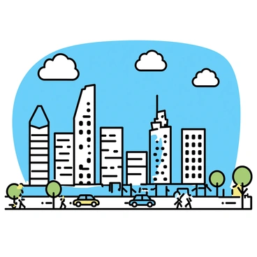 A modern city skyline featuring several towering skyscrapers of various shapes and sizes. The buildings have glass facades that reflect the sunlight. There are busy streets below populated with small figures of people walking and cars driving by. A few trees are scattered along the sidewalks, adding greenery to the urban environment. The sky is clear blue with a few fluffy white clouds.