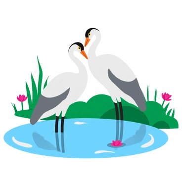 Two elegant cranes with long, slender necks are gently touching their beaks in a moment of affection. The cranes have vibrant white feathers with hints of gray and black accents on their wings and heads. They are standing gracefully in a quiet pond, with their reflections visible in the calm water. Surrounding the pond, lush green reeds and delicate water lilies bloom, adding natural beauty to the serene scene. The gentle ripples in the water create a soft texture that complements the tranquil atmosphere.