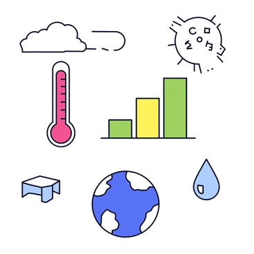 An illustration featuring various environmental indicators. In the center, there is a simple thermometer showing a rising temperature with a red line indicating high levels. Next to it, a bar graph displays increasing CO2 levels, with bars in shades of green and yellow to signify different concentrations. Below these indicators, a small globe is depicted, partially covered with clouds, emphasizing global impacts. Additionally, there are icons such as a melting ice cap and a droplet symbolizing dwindling freshwater resources, placed in the corners of the illustration.