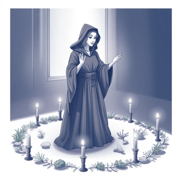 A medieval witch is standing in a dimly lit room, surrounded by a circle of flickering candles casting soft shadows on the walls. She is dressed in a flowing, dark robe, with a hood that partially obscures her face. Her hands are raised as she chants, invoking her familiar. The ground beneath her is covered with an assortment of herbs, arranged in a precise pattern. The candles are placed at intervals around the circle, their flames dancing gently. In the center of the circle, a small animal begins to materialize, showcasing the connection between the witch and her familiar.