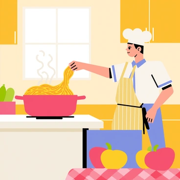 A chef with a white hat and a striped apron is standing in a cozy kitchen. The chef is adding grated cheese into a large bubbling pot of pasta on the stove. The pot is steaming, and the pasta is swirling inside it. The kitchen has wooden cabinets, a checkered tablecloth on the dining table, and colorful vegetables like tomatoes and bell peppers arranged on the counter. A window lets in warm sunlight, creating a welcoming atmosphere.