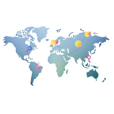 A detailed world map is displayed, featuring clearly defined landmasses and oceans. The continents are labeled in bold, black font. Across each continent, gender symbols are placed equally, represented in vibrant colors such as pink for female, blue for male, and yellow for non-binary. Each symbol is distinct and clear, positioned evenly to create an organized pattern across the globe. Thin lines connect some of the symbols, illustrating a sense of unity and connection between different regions. The overall design emphasizes balance and inclusivity.