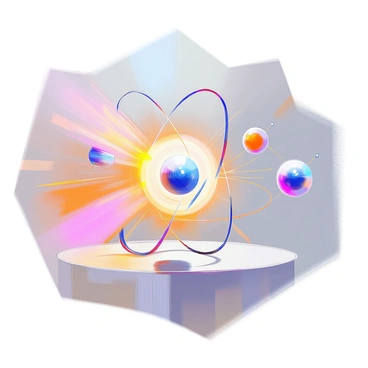 A detailed illustration depicting the process of energy transferring to an electron. In the center, an atom is shown with a nucleus composed of protons and neutrons. Surrounding the nucleus are electron shells represented with distinct orbits. A beam of energy, illustrated as bright waves or rays, is directed towards one of the outer electrons. The moment of impact is captured, showing the electron gaining energy and moving away from the atom. The background can display a faint glow to emphasize the excitement of the electron during the ionization process.