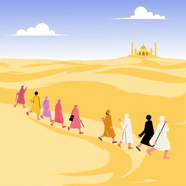 A line of pilgrims wearing flowing robes walks across a sunlit desert landscape. The sand is golden and stretches toward the horizon, creating gentle dunes. Each pilgrim carries a unique item, such as a staff or a satchel, symbolizing their journey. In the distance, a sacred site is visible, marked by tall, ornate structures and a vibrant blue sky overhead with a few fluffy white clouds. The sunlight casts long shadows on the sand, emphasizing the texture and warmth of the desert.