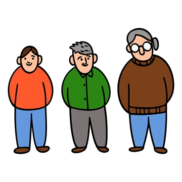 A portrait depicting a sequence of a single individual at various ages, transitioning from youth to elder. The first figure shows a young person with light skin and big eyes, wearing a bright-colored shirt and jeans, with a playful smile. The second figure represents middle age, with subtle signs of aging such as a few wrinkles and a more serious expression, dressed in a casual button-up shirt and slacks. The final figure illustrates an elder with gray hair and pronounced features, wearing glasses and a cozy sweater, reflecting wisdom and experience. Each figure is aligned side by side to showcase the natural progression of age.