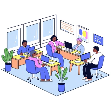 A modern office space filled with employees working at desks. The desks are equipped with sleek computers and various tech gadgets. Employees are collaborating in small groups, discussing ideas. Large windows let in natural light, illuminating the room. There are indoor plants placed throughout the office, adding a touch of greenery. The walls are decorated with abstract art and motivational quotes, creating an inspiring atmosphere.