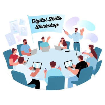 A group of adults is seated around a large table in a workshop setting, each person focused on their individual laptops. Instructors are standing nearby, pointing at screens and gesturing to illustrate concepts. Some adults are taking notes in notebooks, while others are actively typing or clicking on their devices. The room is filled with various educational materials, such as printed handouts and charts on the walls. A large banner reading "Digital Skills Workshop" is displayed prominently in the background.