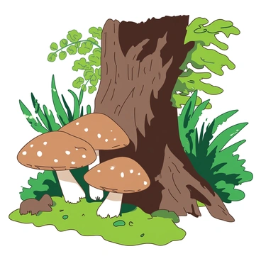 A group of brown shiitake mushrooms is growing in clusters on the rough texture of a tree trunk. The tree is surrounded by lush green foliage and soft moss covering the ground below. Sunlight filters through the leaves, creating dappled light patterns on the mushrooms and the trunk. In the background, a variety of green plants and ferns add to the natural forest setting, enhancing the appearance of the mushrooms as they thrive in their environment.