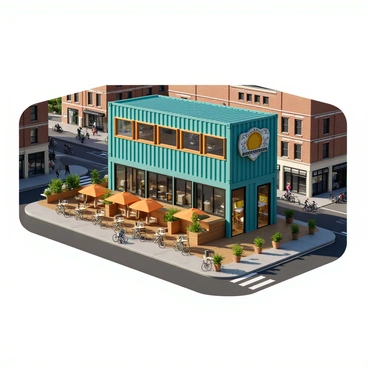 A trendy cafe constructed from a repurposed shipping container, situated in an urban setting. The shipping container features a vibrant exterior painted in teal with large windows on one side, allowing natural light to fill the interior. Outdoor seating is arranged on a wooden deck, with several small tables and bright umbrellas providing shade. Potted plants line the edges, adding a touch of greenery. The cafe's sign, "Urban Brew," hangs above the entrance in bold, modern lettering. Surrounding the cafe, the urban landscape includes nearby brick buildings and bustling streets, with people walking by and bicycles parked along the curb.