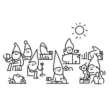A whimsical garden filled with various garden gnomes, each one made entirely out of fried eggs. The gnomes are in different poses, with some holding small tools like shovels or watering cans, while others are sitting on benches. Surrounding the gnomes are vibrant flowers, bushes, and patches of grass. The sky is clear, and the sun is shining down on this unique scene, casting shadows that enhance the playful atmosphere of the garden.